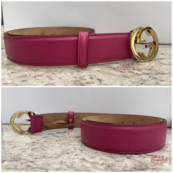 Authentic Gucci Hot Pink Calfskin Leather Gold Interlocking G Buckle Belt 80/32 - Picture 10 of 13